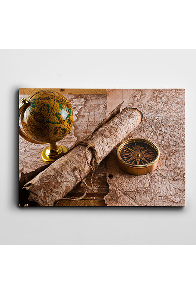 artefoni Dünya Harita Pusula Dekoratif Büyük Boyut Kanvas Tablo 85 x 120 CM