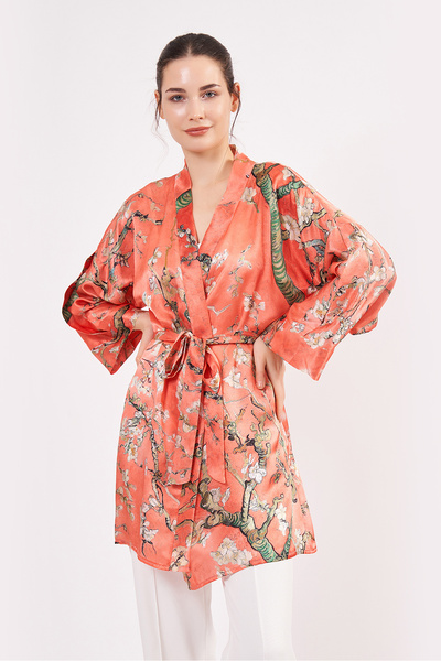 Nomads Felt Pure Silk Short Kimono Caftan| Van Gogh Almond Tree Pomegranate Flower| Nomads Felt