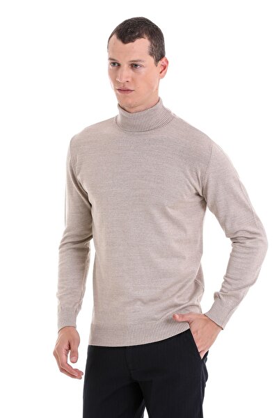 Hatemoğlu Beige Regular Fit Plain Turtleneck Wool Knitwear Sweater