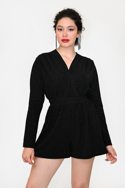 DEFİLE LUX SİMLİ UZUN KOL KRUVAZE YAKA ŞOR TULUM SİYAH