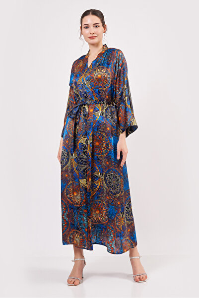 Nomads Felt Saf İpek Uzun Kimono Kaftan | Mavi Mandala Desen 1 | Nomads Felt