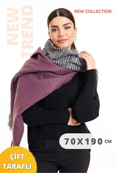 Multi Brand Double Sided Plaid Women's Shawl Purple Color 70x190cm Connectable Winter Wool Shoulder Scarf Shawl