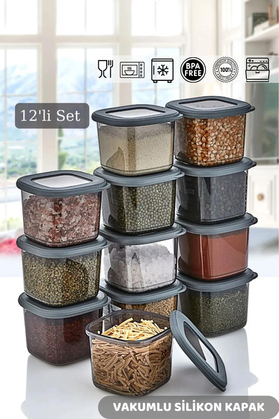 HOMENIVA 12'li Vakumlu Silikon Kapaklı Baharat Saklama Kabı - (12X0,55 LİTRE)