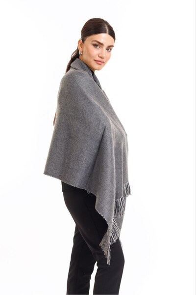 Multi Brand Διπλής όψης Γκρι Χρώμα Καρό Μάλλινο Σάλι Ώμου 70x190cm Δέσιμο Χειμερινό Γυναικείο Γκρι Καπνιστό Φουλάρι