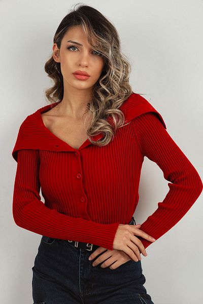 GÜLSELİ Claret Red Women's Turn-Down Collar Knitwear Cardigan
