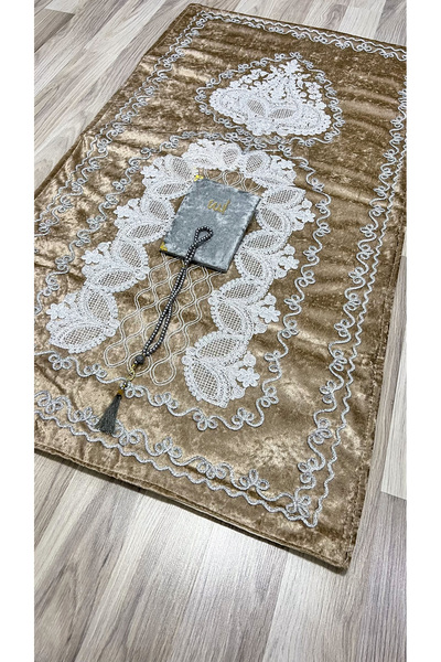 AYHANHOME Fransız Güpürlü 3 Parça Kadife Çeyizlik Seccade Seti