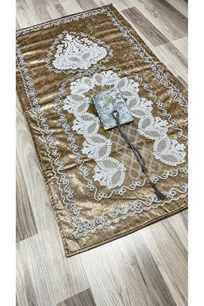 AYHANHOME Fransız Güpürlü 3 Parça Kadife Çeyizlik Seccade Seti