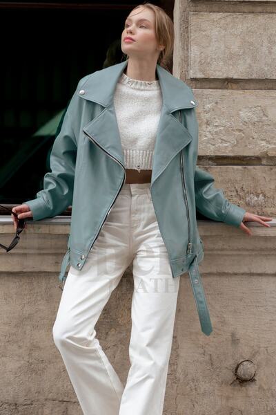 Lebeni Deri Ceket Kadın - Oversize Vintage Uzun Biker Gerçek Hakiki Kuzu Derisi Mont Kaban