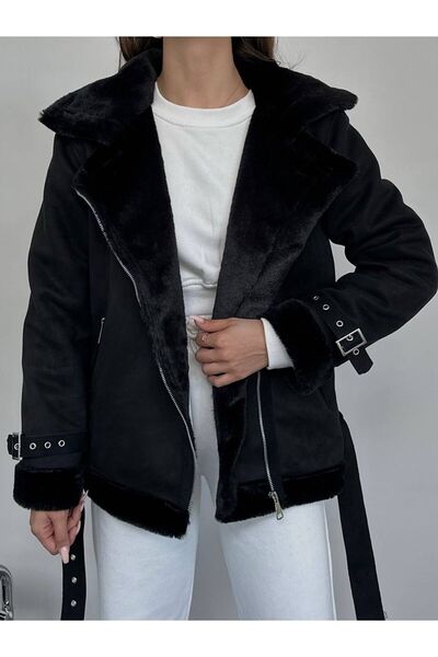 Esr Moda Kadın Siyah Renk Süet Içi Kürklü Oversize Uzun Süet Biker Ceket Kaban Kürk Mont