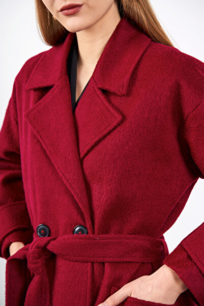 Ortaya Çık Burgundy Stash Fabric Belted Sleeves Cuffed Coat