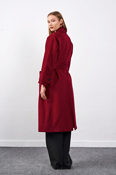 Ortaya Çık Burgundy Stash Fabric Belted Sleeves Cuffed Coat