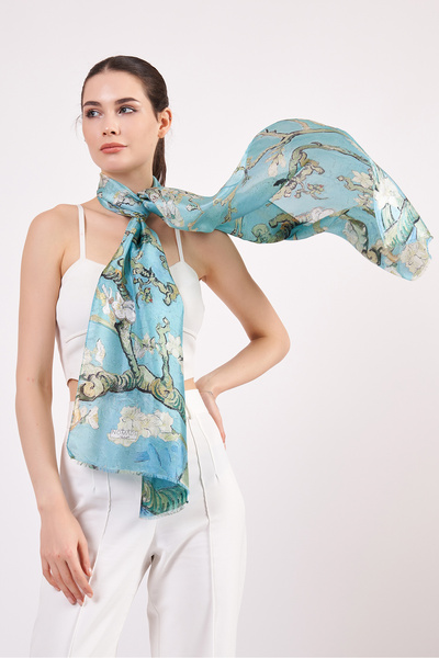 Nomads Felt Voile Silk Scarf| 55 x 180 cm| Van Gogh Almond Tree Turquoise| Nomads Felt