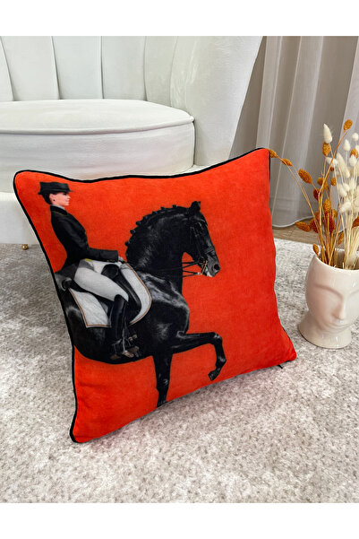 Brillant At Desenli Biyeli Kırlent Kılıfı 45x45 - TURUNCU