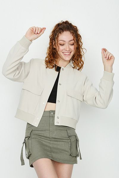 Select Moda Women's Beige Suede Bomber Jacket with Pockets and Snap Closure