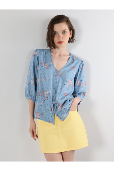 Colin's Regular Fit Baskılı V Yaka Çok Renkli Kadın Uzun Kol Gömlek