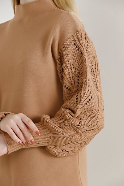VEGENZE Γυναικείο πλεκτό πουλόβερ γυναικείο πλεκτό μανίκι Camel διάτρητο με κορδόνι γιακά