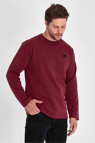 mmetalic Men's Claret Red Double Crew Neck Print Detailed Standard Relaxed Fit Sweatshirt