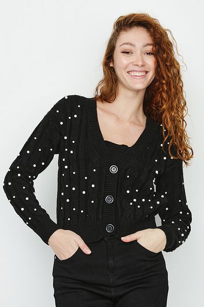Select Moda Women's Black Buttoned Cardigan with Pearl Accessories