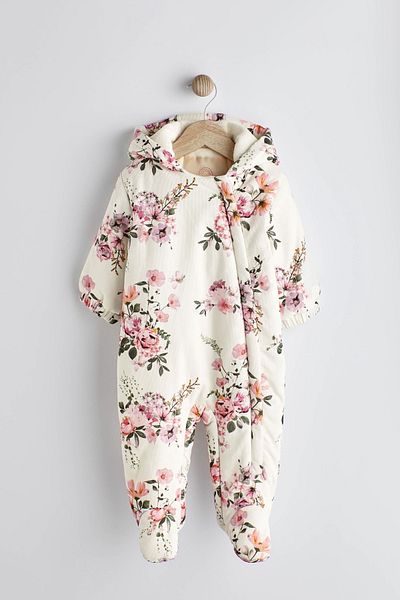 Next Baby Cream Corded Floral Fleece Lined Hooded Astronaut Jumpsuit