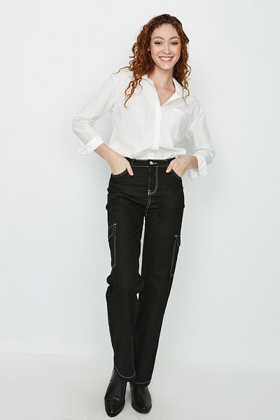 Select Moda Women's Black Contrast Stitched Wide Leg Cargo Pants