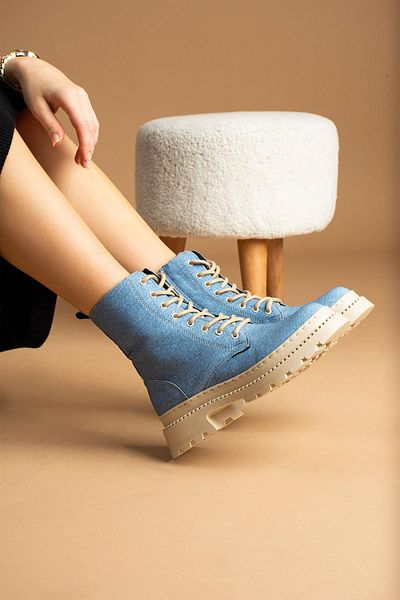 Pazzyonez Κοντές γυναικείες μπότες Lisa Denim Blue Lace Up με φερμουάρ στο πλάι