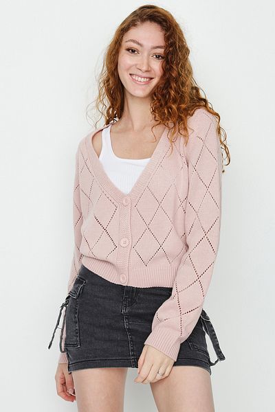 Select Moda Women's Pink Diamond Patterned Button Detailed Knitwear Cardigan
