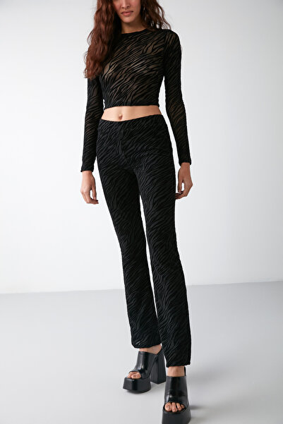 ETHIQUET بنطلون Jera النسائي ذو الطباعة المتدفقة يلتف بالكامل حول الجسم بخصر عادي وطويل أسود