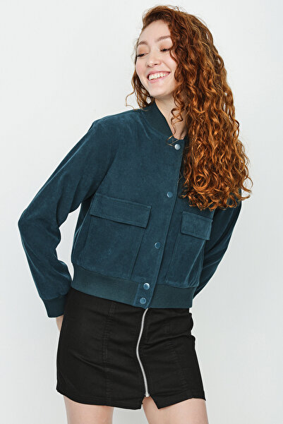 Select Moda Γυναικείο πράσινο σουέτ μπουφάν με κουμπωτό κλείσιμο