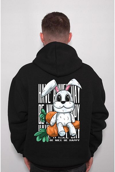 BIGROON Унисекс суитшърт с качулка и заек с морков Be Nice Be Happy Rabbit