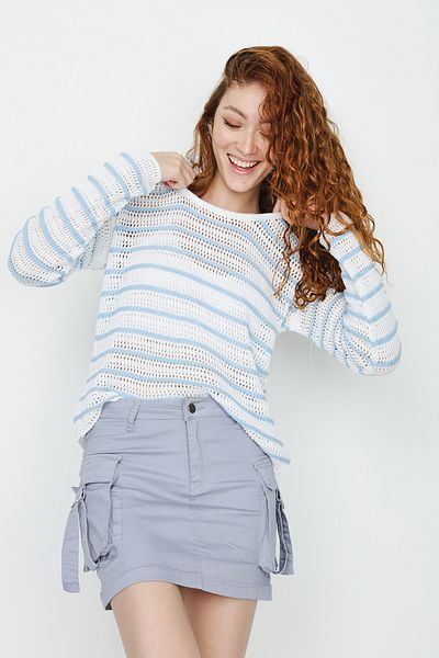 Select Moda Women's Blue Color Blocked Knitted Sweater