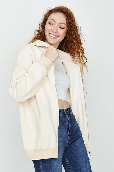 Select Moda Women's Cream Hooded Zippered Sweatshirt