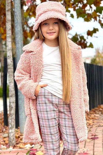 Riccotarz Girl's Plush Powder Coat with Plaid Patterned Trousers and Hat