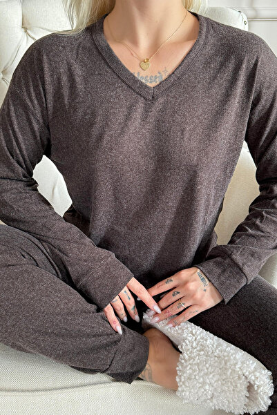 Pijamaevi Kahverengi Bambu Uzun Kol Kadın Pijama Takımı