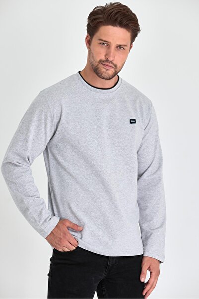 COMEOR Men's Gray Double Crew Neck Print Detailed Standard Relaxed Fit Sweats...