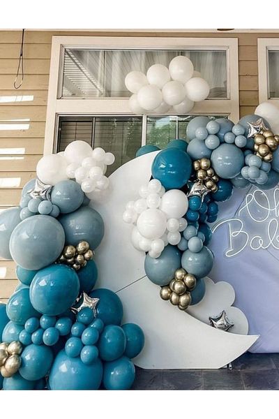 Çemrek Süs Parti Deep ocean storm blue white gold chrome balloon chain set 60 pcs balloons