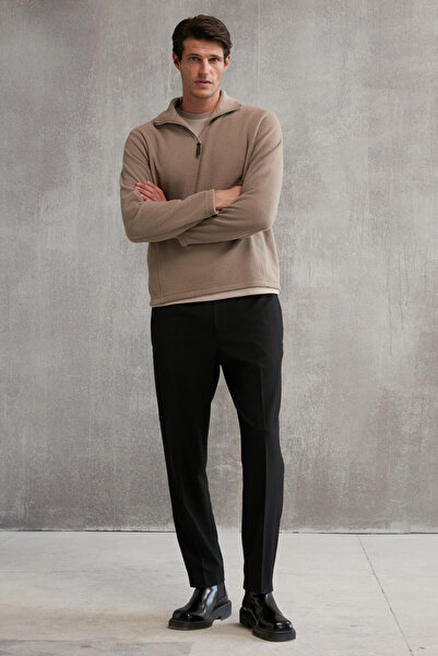 GRIMELANGE Ανδρικό φλις Hayes Φλις με μισό φερμουάρ Χοντρό υφή Comfort Fit Mink Fleece με δερμάτινα αξεσουάρ