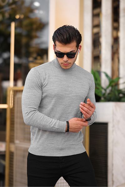Ser Joven Men's Gray Slim Fit Half Turtleneck Knitwear Sweater