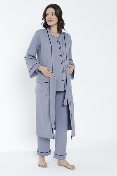 Miss Dünya Lissa Smoked Front Buttoned Maternity and Maternity Pajamas Set with Long Dressing Gown