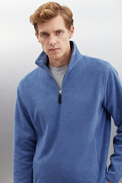 GRIMELANGE Hayes Herren-Fleece-Fleece mit halblangem Reißverschluss, dickes, strukturiertes, bequemes Indigo-Fleece mit Lederaccessoires