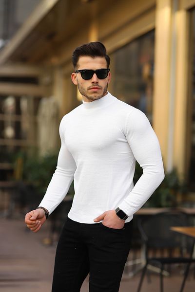 Ser Joven Pulover alb pentru bărbați, slim fit, cu jumătate de gât