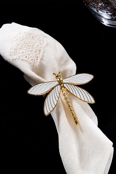 TR Turan Collection YUSUFCUK 6-Piece Gold Luxury Napkin Ring, White Enameled Napkin Ring