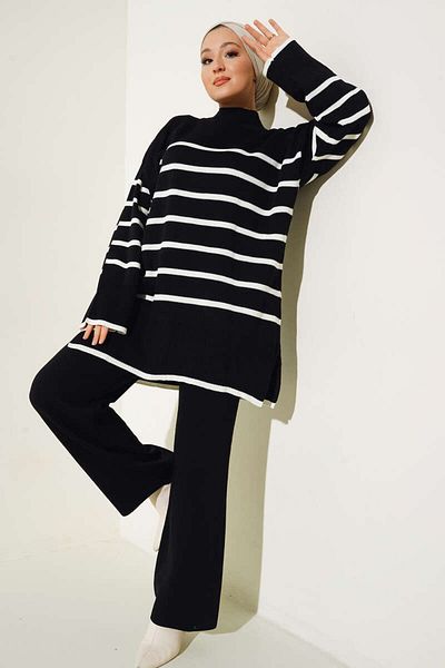 VEGAMOD Women's Hijab Thick Winter Horizontal Striped Casual Double Knitwear Set