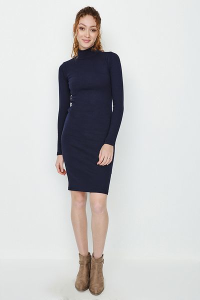 Select Moda Women's Navy Blue Turtleneck Ribbed Knitted Dress