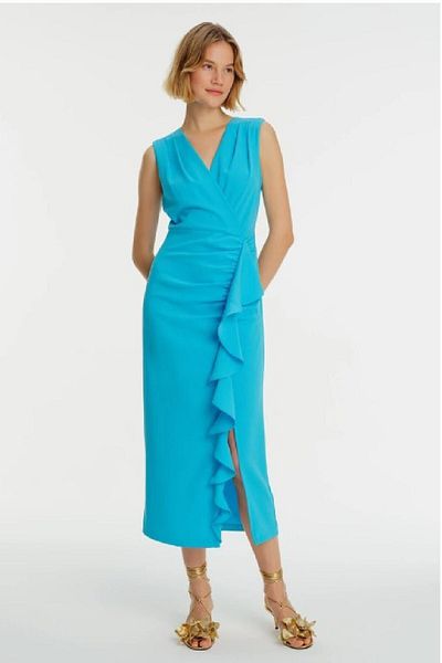 Exquise Rochie midi din crep, fără mâneci, cu volantă