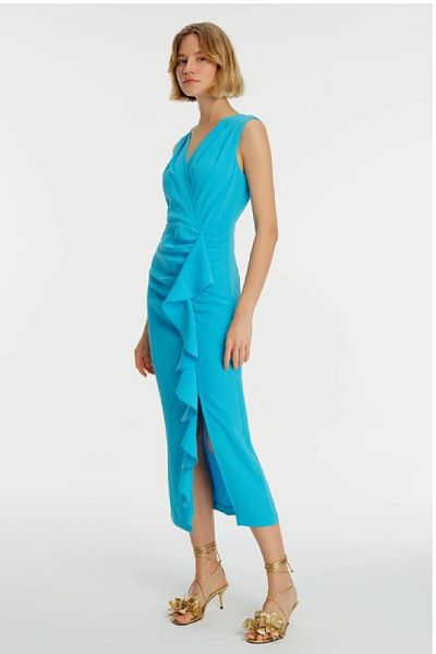 Exquise Rochie midi din crep, fără mâneci, cu volantă
