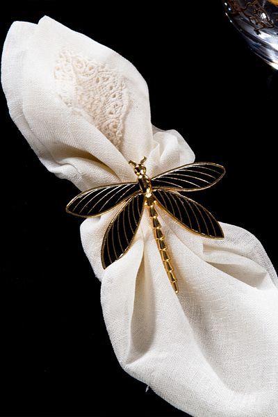 TR Turan Collection YUSUFCUK 6-Piece Gold Luxury Napkin Ring, Black Enameled Napkin Ring