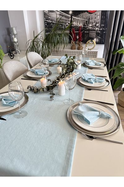 Decamor home Λινάρι με υφή μπλε μακρύ δρομέα