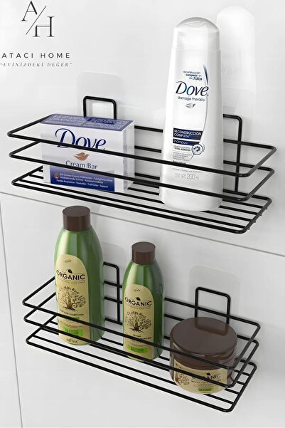 ATACI 2'li Set Yapışkanlı Paslanmaz Banyo Rafı Banyo Sabunluk Şampuanlık Duşa...
