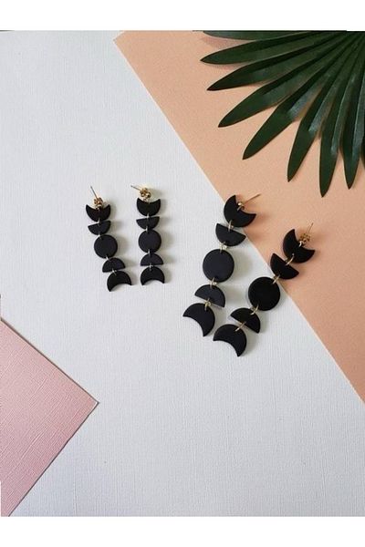 TREND Black Moon And Round Patterned Dangle Long Polymer Earrings