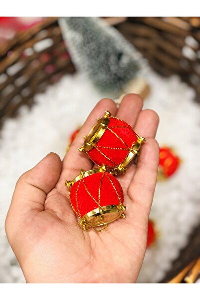 Derin Düşler New Year's Red Gold Pine Tree Ornament - Drum Snare, 4 Cm, Pack of 6